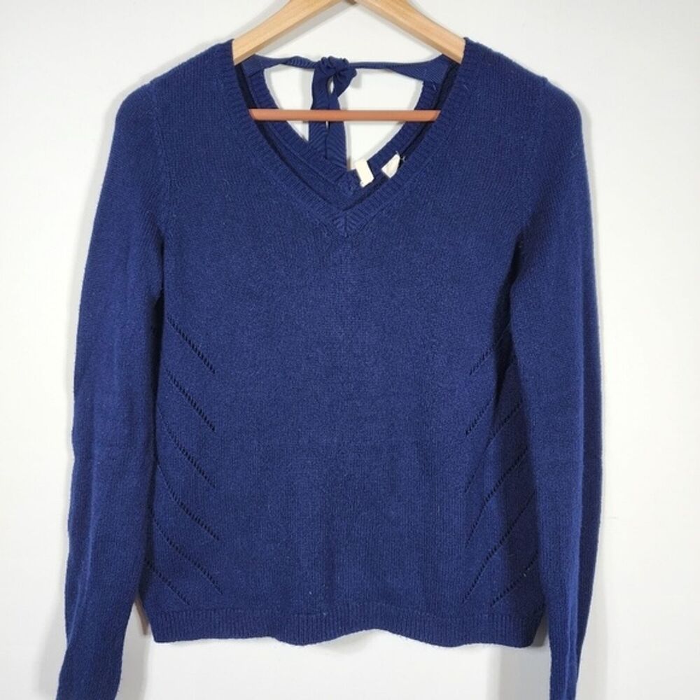 Anthropologie Moth Ribbon Tie Back Cashmere Blend Navy Sweater Size Small